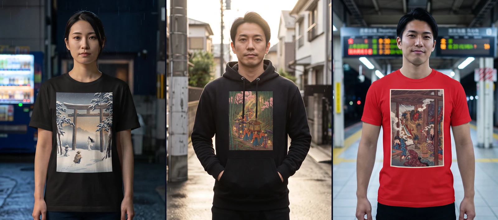 Three people wearing Kaidan tees and hoodies in Tokyo: the snow woman, the fox wedding, the namahage