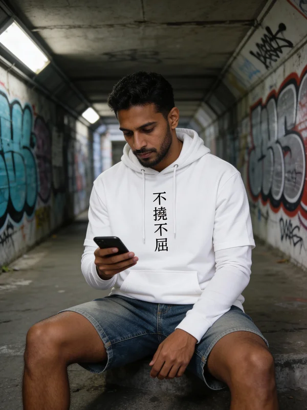 Literal: 'Not yielding, not flinching.' / Natural: 'Indomitable spirit' or 'Unwavering perseverance.'