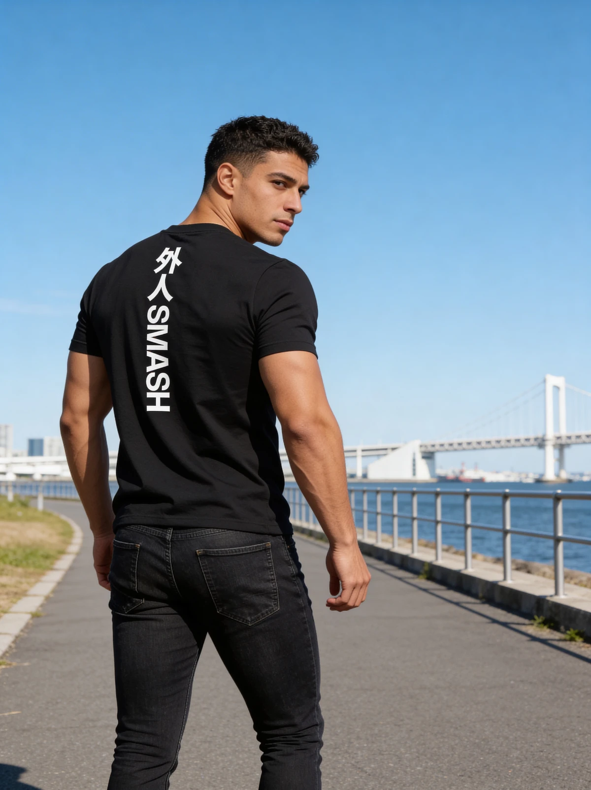 Black t-shirt back view with Gaijin Smash logo